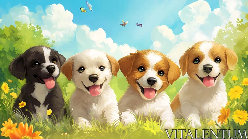 Sunlit puppy quartet serenading a meadow in golden giggles.