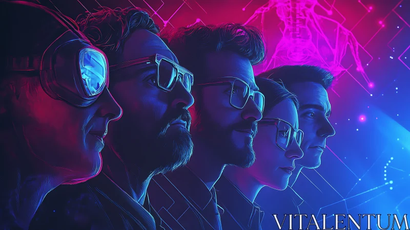 Futurist team studies neon data in dual color lighting.