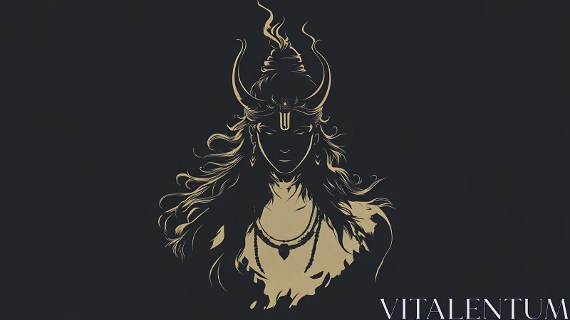 Stylized horned deity portrait rendered in flat gold lines