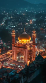 Illuminated domed mosque facade dominates dense nocturnal cityscape