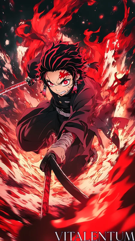 Blade-wielding warrior charges through swirling red flames