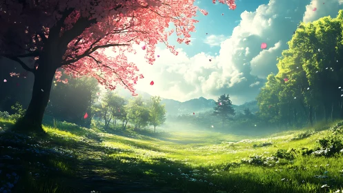 Digital landscape renders flowering tree and sunlit valley