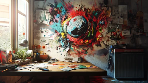 Paint-splashed studio wall swallows a planet of raging color