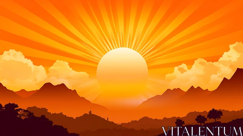 Radial sunrise gradient over layered mountain silhouettes in orange