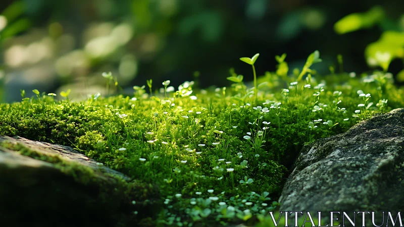 Tiny moss meadow glowing softly between forest stones.