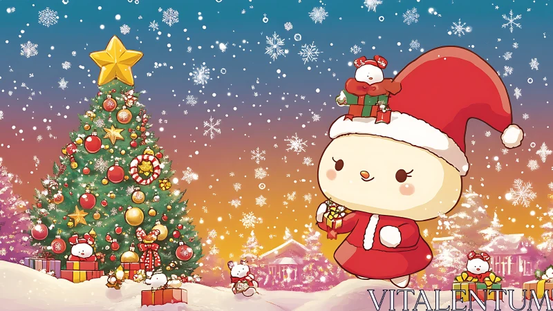 Cartoon character in red Santa outfit near decorated tree.