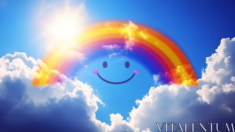 Digital rainbow arc with stylized face spans cloudy sky