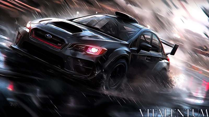 Subaru rally car powers through wet neon city streets.