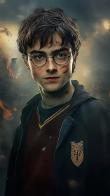 Young wizard standing brave in stormy ember-lit dusk.