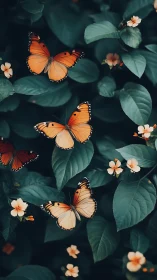 Photorealistic orange butterflies in deep teal foliage study.