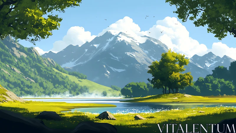 Sunlit alpine lake reflects towering snowcapped mountains.