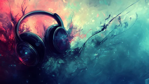 Headphones drift through neon waves of abstract sound.