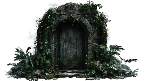 Vegetation-entangled stone portal with weathered arch geometry.