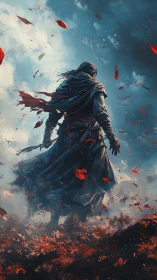 Stormbound wanderer amid crimson embers and torn sky.