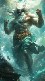 Mythic oceanic storm deity rising through luminous waves