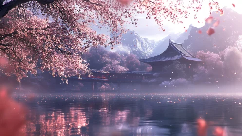 Cherry blossoms over lake with traditional temple and mountains.