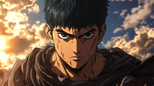 Battle-worn anime warrior rendered in dramatic sunset close-up