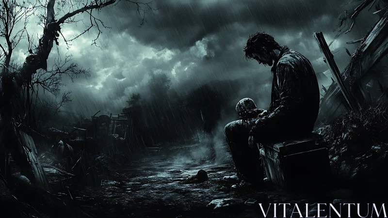 Solitary figure holding skull on desolate rainy path at night.