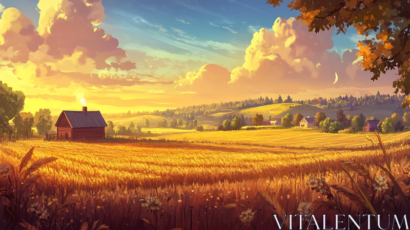 Golden wheat farm landscape under warm sunset light.
