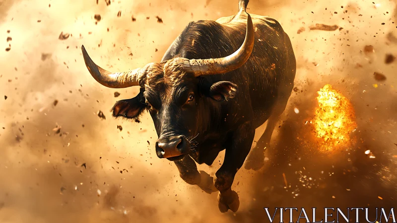 Powerful bull charges forward through firelit flying debris
