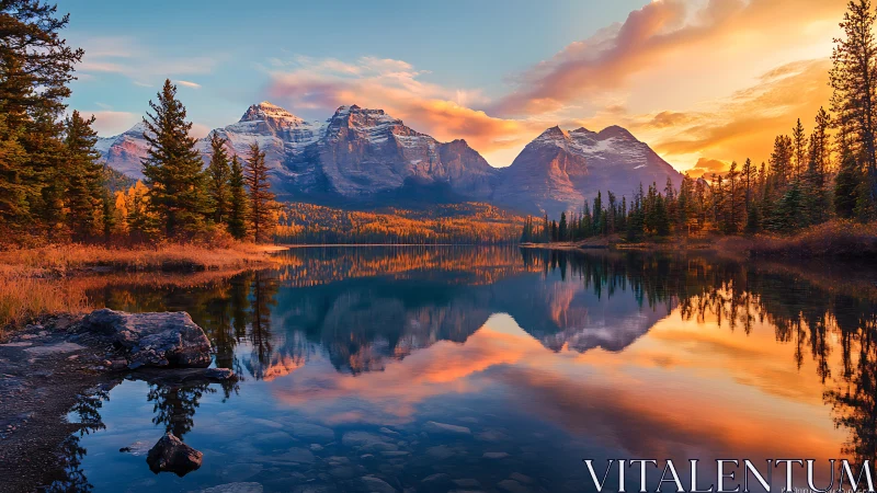 Alpine lake sunrise reflecting snowcapped peaks and conifer forest