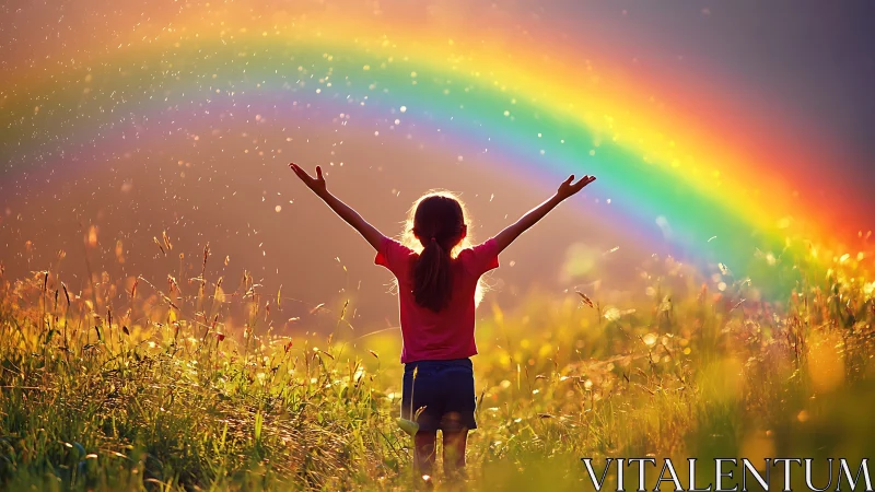 Child in meadow standing under vivid double rainbow scene.