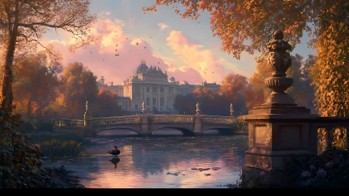 Neoclassical riverside palace at sunset with ornate stone bridge
