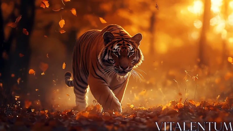 Autumn-lit tiger advancing through shallow-focus forest glow.