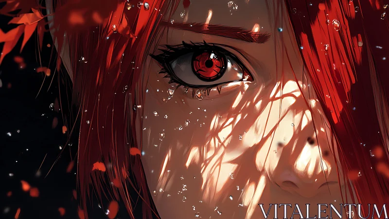 Red haired anime girl with glowing eye under scattered light.