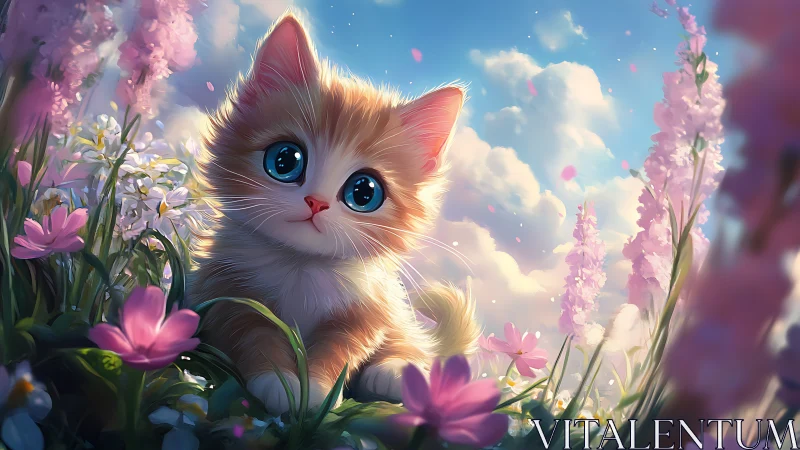 Adorable Kitten Among Pink Blossoms in a Dreamy Sky.