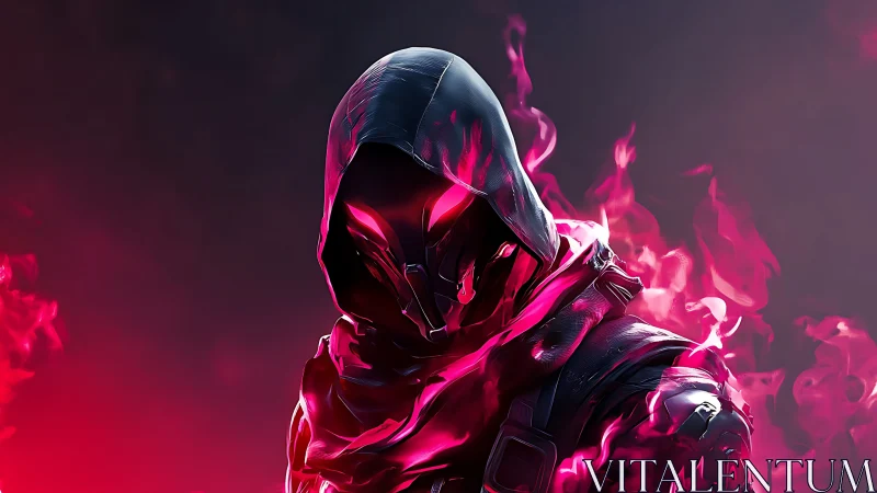 Hooded cyber assassin with neon pink infernal flames.