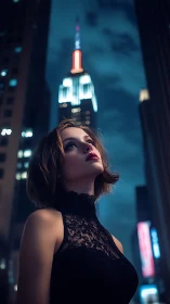 Woman in black dress below illuminated skyscraper at night.