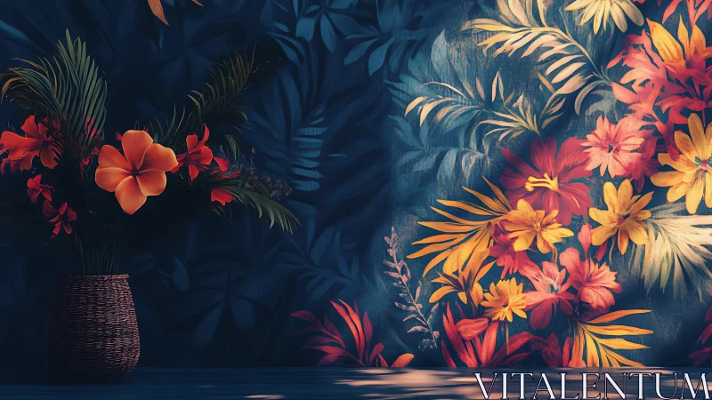 Tropical Floral Display Against Dark Blue Textured Wall.