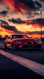 Red performance coupe sits on asphalt under vivid sunset sky