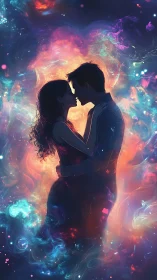Silhouetted Couple Kissing Within Luminescent Particle Nebula.