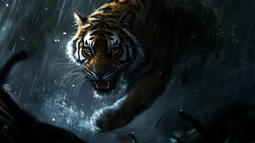 Tiger charges through rain with intense forward motion