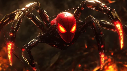 Mechanical spider hero with glowing limbs over lava field.