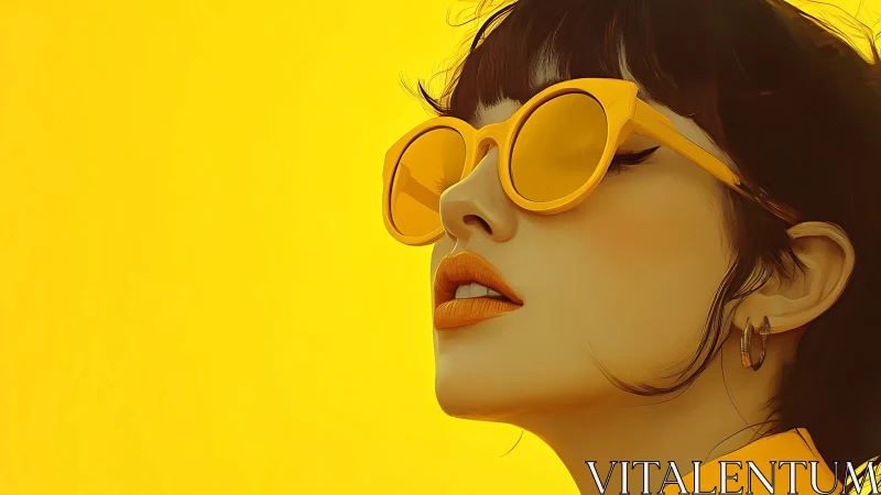 High-key yellow portrait with stylized sunglasses and lipstick.