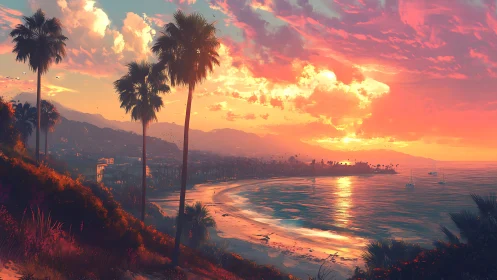 Vibrant coastal sunset over palm-lined bay with calm waters