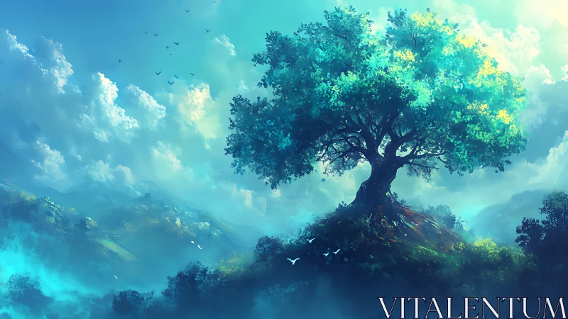 Luminescent hilltop tree under cinematic teal skyscape.