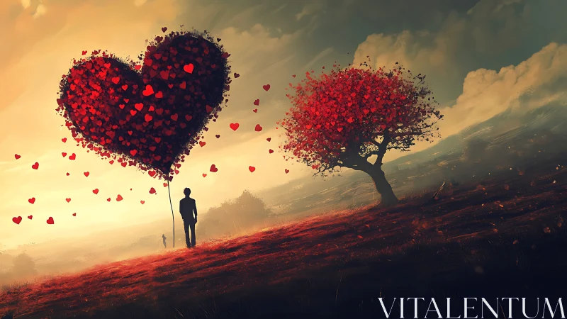 Digital Surrealism: Heart Balloon Silhouette Landscape.