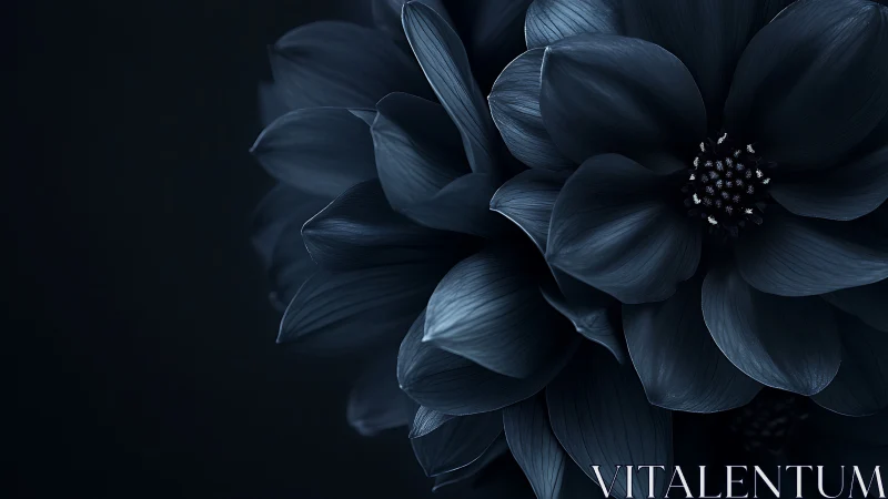 Dark blue flower petals with stamens center in dramatic lighting