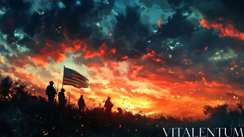 Backlit soldiers and US flag silhouetted against turbulent, burning sky
