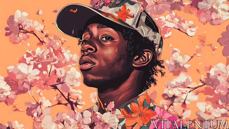 Portrait of young man amid vivid cherry blossoms in bloom.