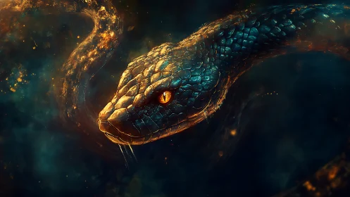 Glowing cosmic serpent drifting through embers of starlight.