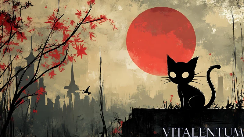Silhouetted cat and red sun balance stylized Japanese skyline