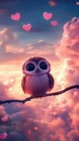 Cute pink owl floats on a branch above dreamy sunset clouds