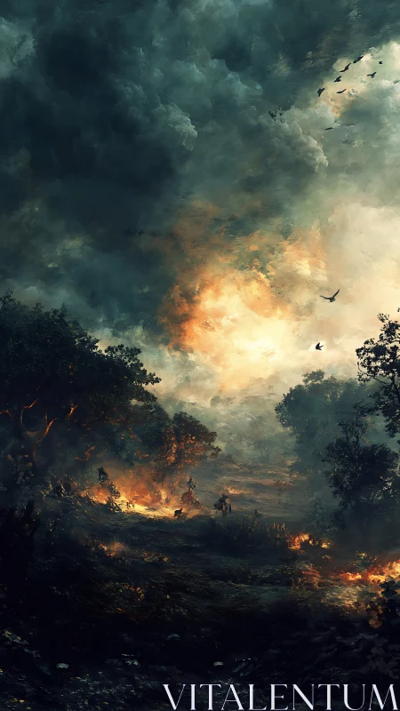 Catastrophic Wildfire with Towering Smoke and Descending Birds.