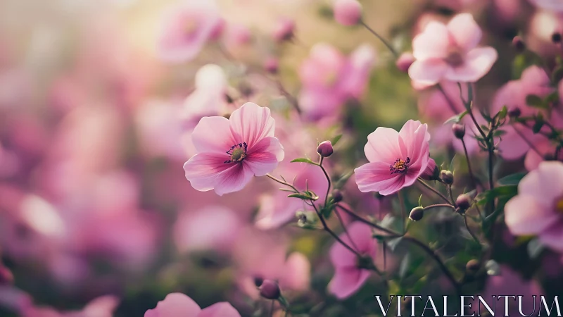 Pink Cosmos Flowers in Soft Focus Field.