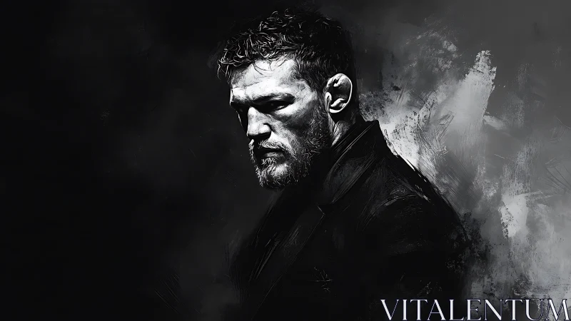 Brooding fighter portrait in stark monochrome brushwork.